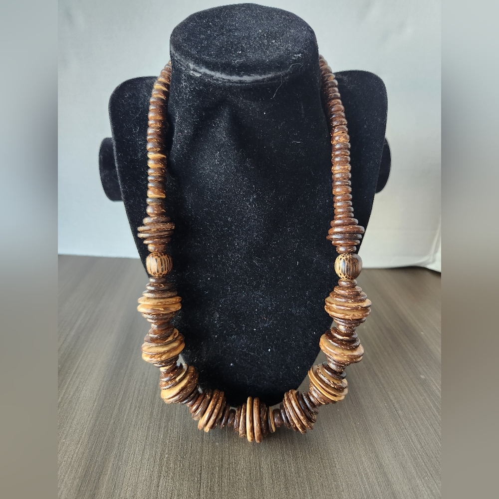 Vintage Wood Beaded Statement Necklace Brown Disc Beads Boho Tribal Style